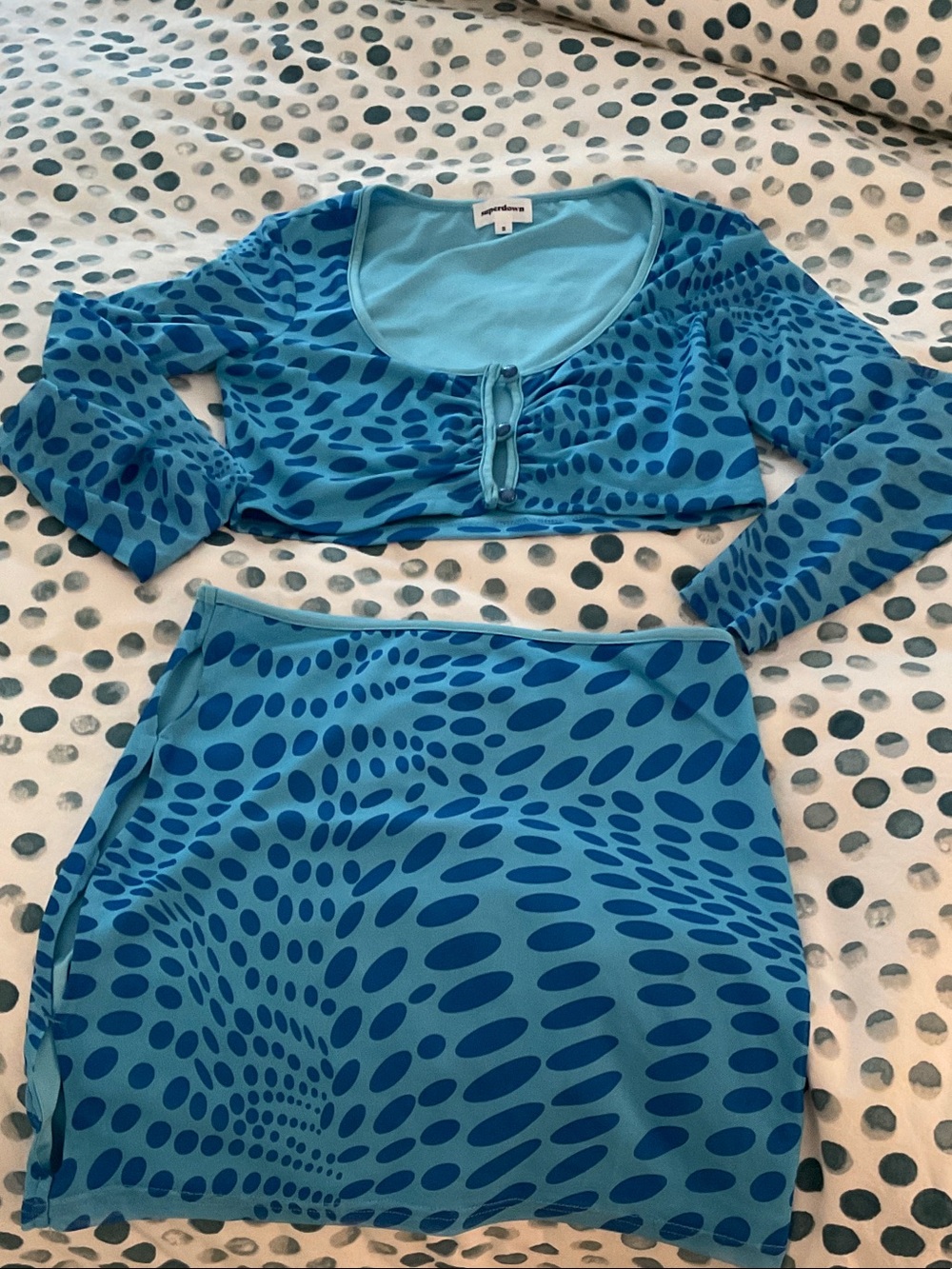Blue and Navy Patterned Crop Top & Mini Skirt Set